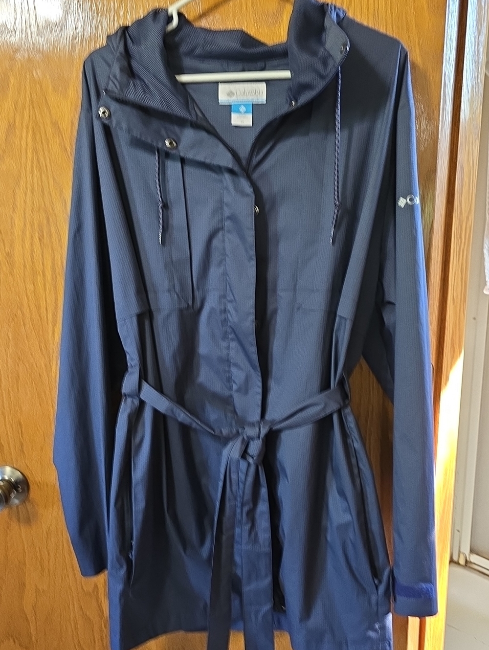 Columbia Navy Hooded Trench Coat with Belt